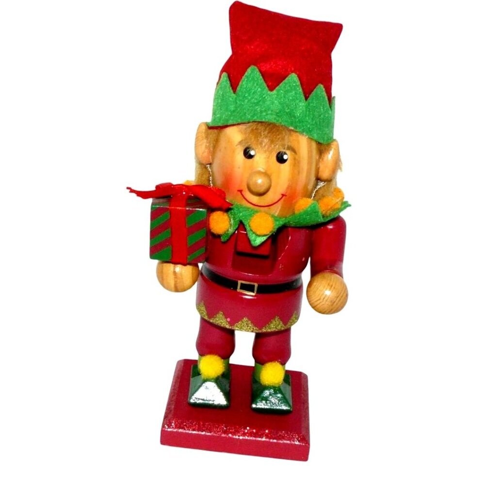 Christmas 7" Wooden Elf Nutcracker Holding Gift